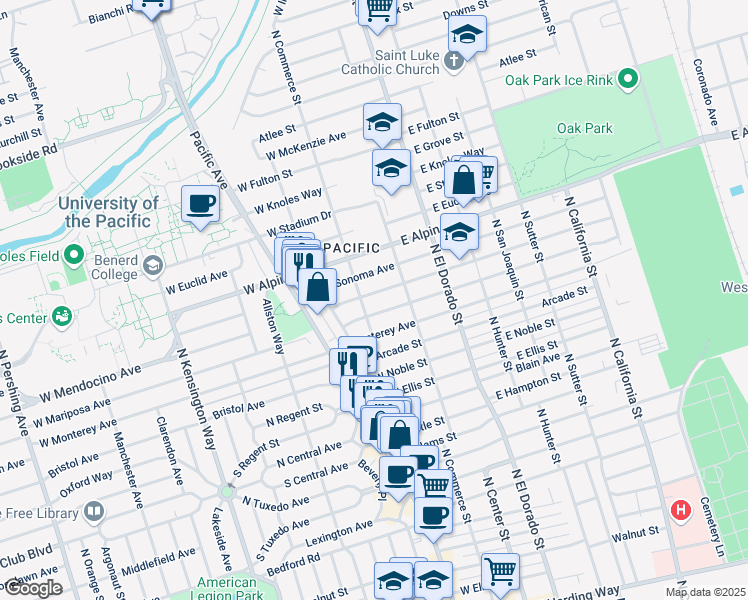 map of restaurants, bars, coffee shops, grocery stores, and more near 74 West Mariposa Avenue in Stockton