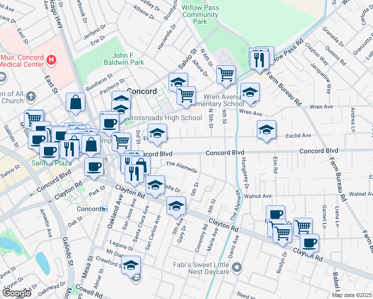 map of restaurants, bars, coffee shops, grocery stores, and more near 2947 Concord Boulevard in Concord