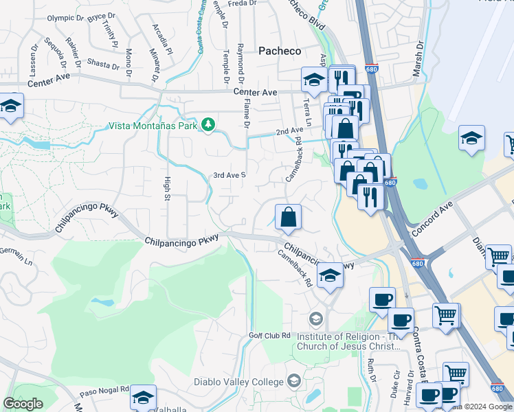 map of restaurants, bars, coffee shops, grocery stores, and more near 356 Scottsdale Road in Pleasant Hill