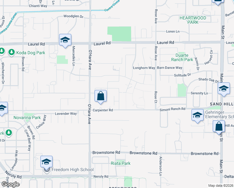 map of restaurants, bars, coffee shops, grocery stores, and more near 140 Ridge Crest Court in Oakley
