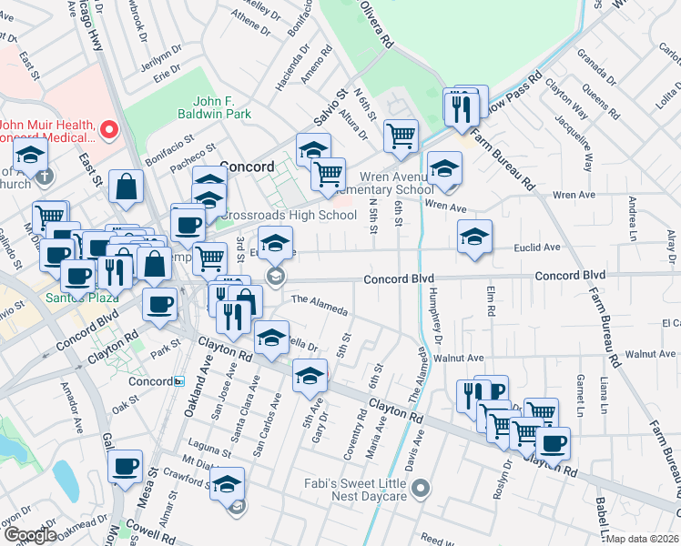 map of restaurants, bars, coffee shops, grocery stores, and more near 3041 Concord Boulevard in Concord