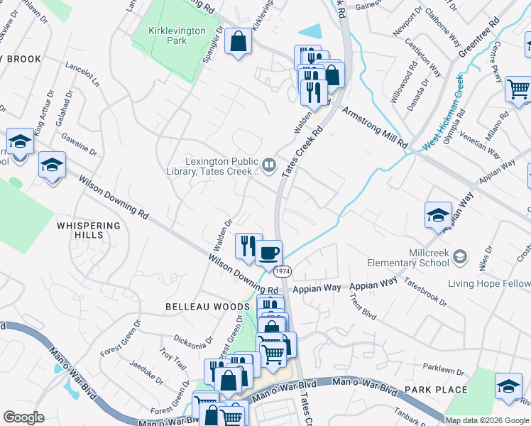 map of restaurants, bars, coffee shops, grocery stores, and more near 615 Big Bear Lane in Lexington