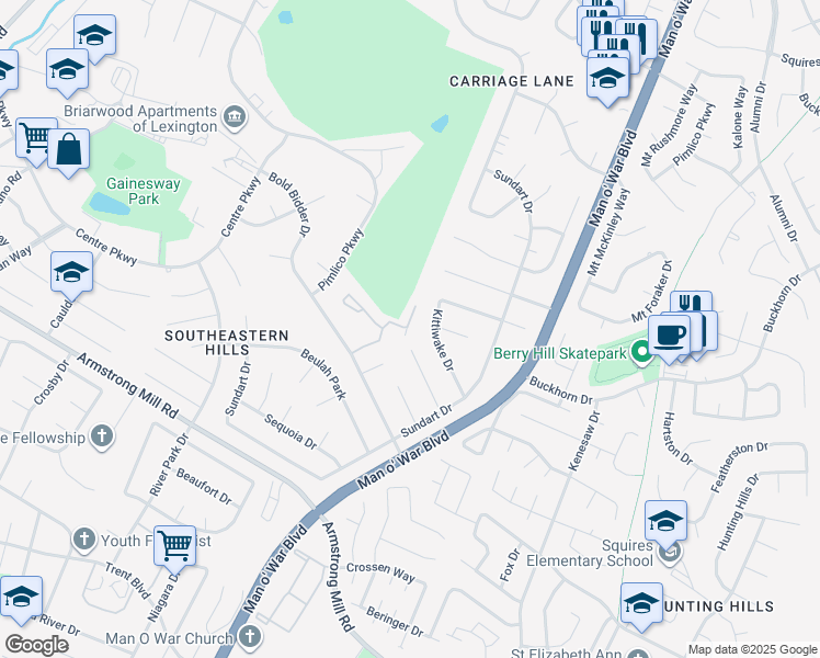 map of restaurants, bars, coffee shops, grocery stores, and more near 3640 Bold Bidder Drive in Lexington