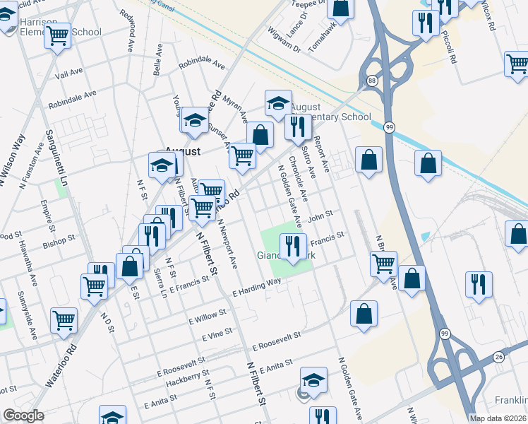 map of restaurants, bars, coffee shops, grocery stores, and more near 1647 North Gilchrist Avenue in Stockton