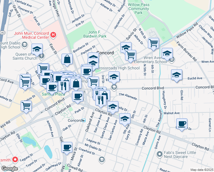 map of restaurants, bars, coffee shops, grocery stores, and more near 2825 Concord Boulevard in Concord