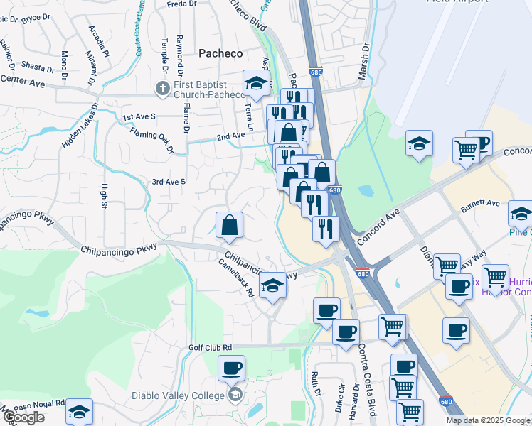 map of restaurants, bars, coffee shops, grocery stores, and more near 600 Suntree Lane in Pleasant Hill