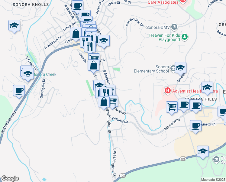 map of restaurants, bars, coffee shops, grocery stores, and more near 508 South Shepherd Street in Sonora