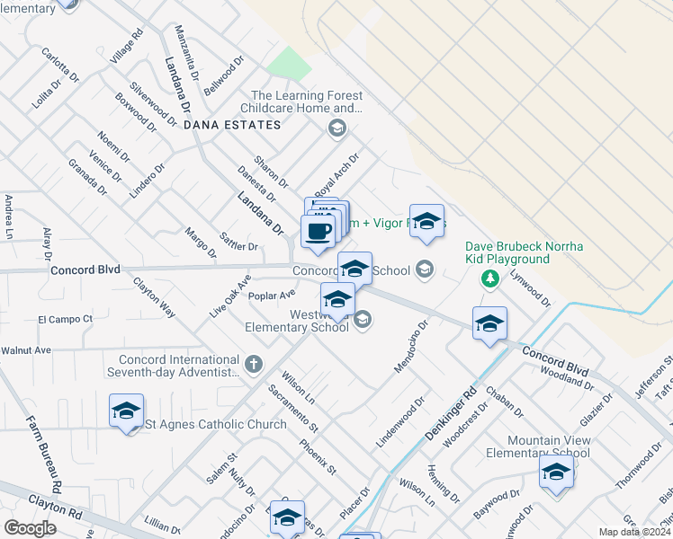 map of restaurants, bars, coffee shops, grocery stores, and more near 1735 Sapling Court in Concord
