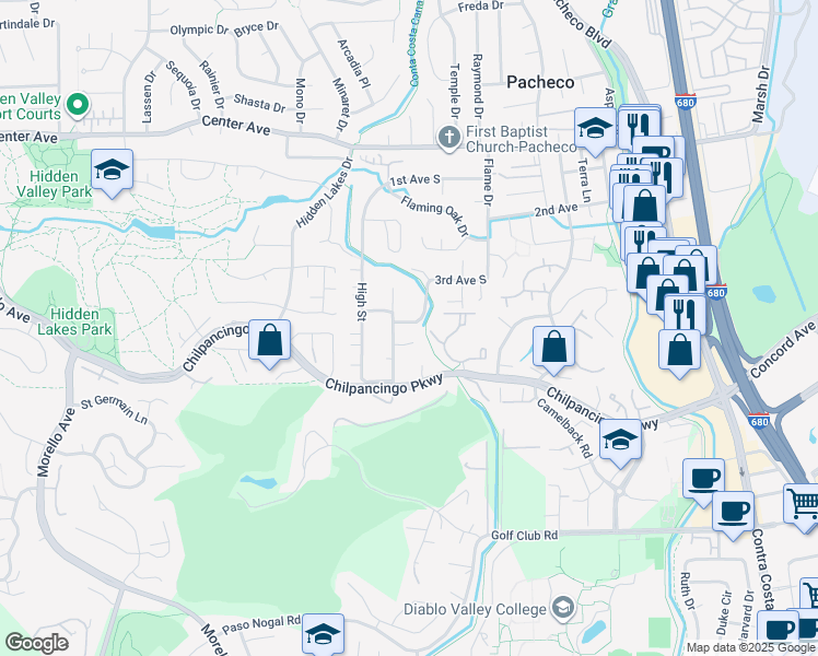 map of restaurants, bars, coffee shops, grocery stores, and more near 163 Ironwood Drive in Pacheco