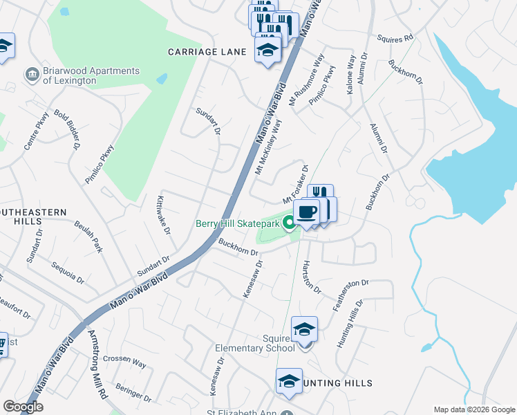map of restaurants, bars, coffee shops, grocery stores, and more near 3377 Mount Foraker Drive in Lexington