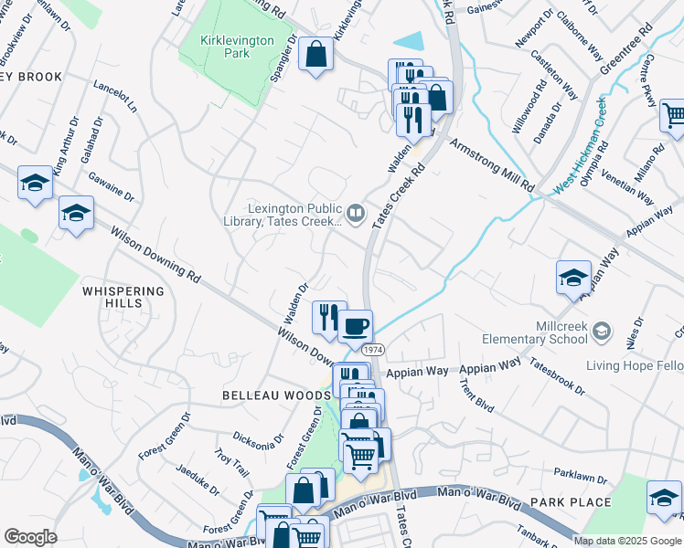 map of restaurants, bars, coffee shops, grocery stores, and more near 615 Big Bear Lane in Lexington