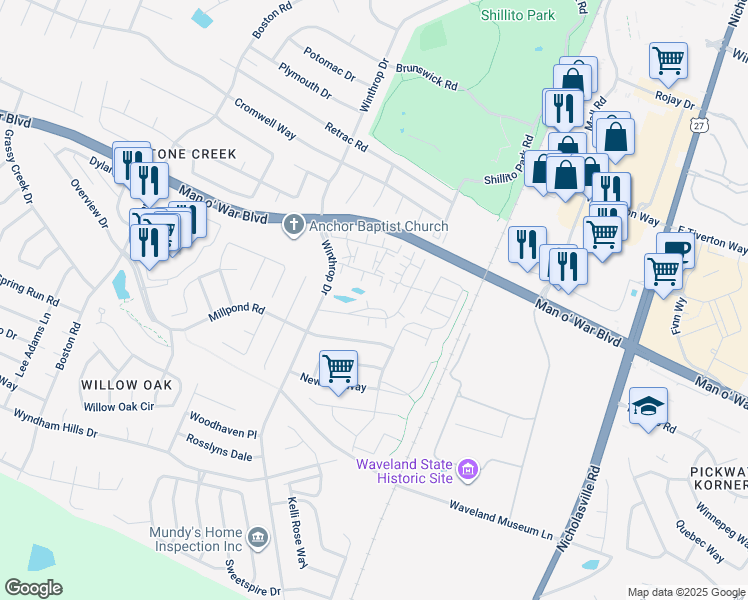 map of restaurants, bars, coffee shops, grocery stores, and more near 3600 Winthrop Drive in Lexington