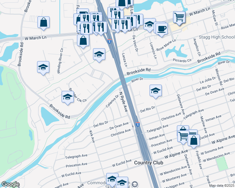 map of restaurants, bars, coffee shops, grocery stores, and more near 4005 North Ryde Avenue in Stockton