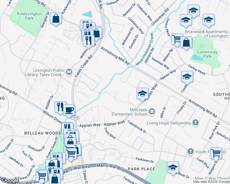 map of restaurants, bars, coffee shops, grocery stores, and more near 1145 Appian Crossing Way in Lexington
