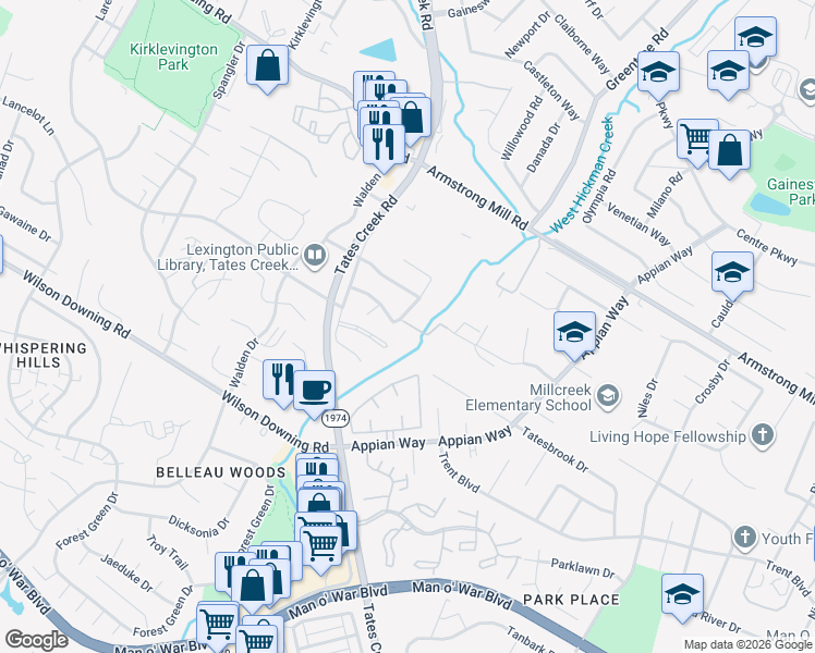 map of restaurants, bars, coffee shops, grocery stores, and more near 3792 Lady Di Lane in Lexington