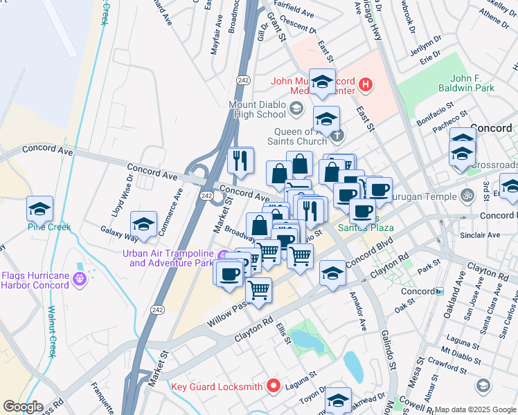 map of restaurants, bars, coffee shops, grocery stores, and more near 2175 California Street in Concord