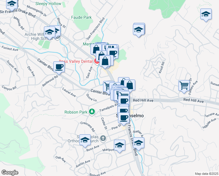 map of restaurants, bars, coffee shops, grocery stores, and more near 19 Madrone Avenue in San Anselmo