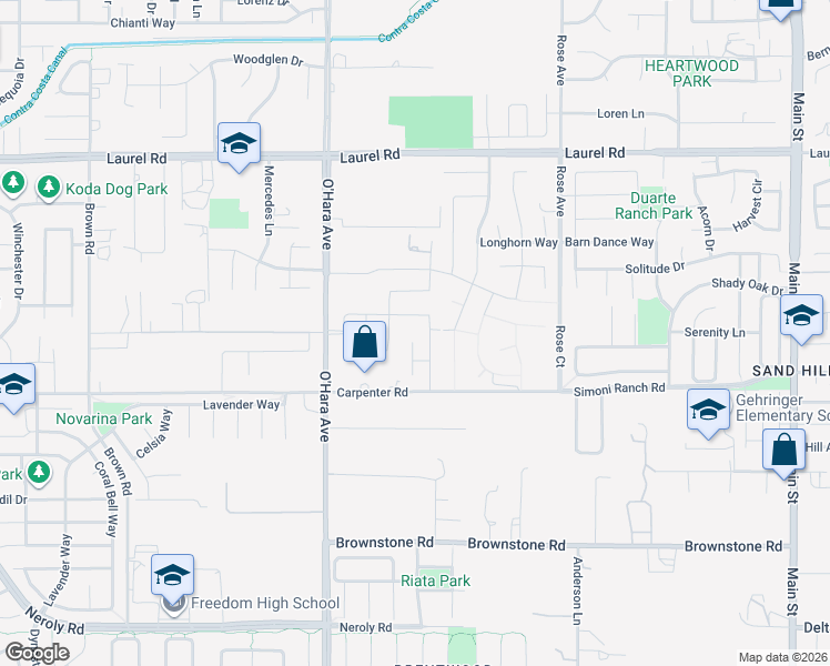 map of restaurants, bars, coffee shops, grocery stores, and more near 25 Cloverbrook Court in Oakley