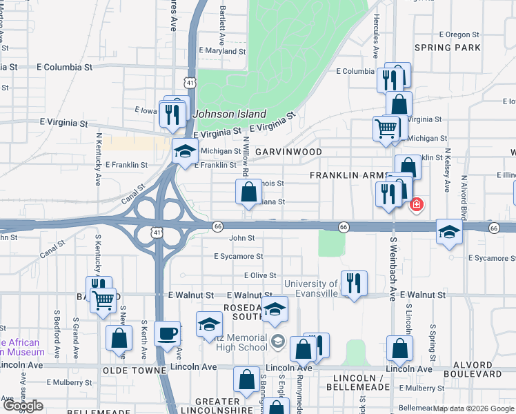 map of restaurants, bars, coffee shops, grocery stores, and more near 120 North Willow Road in Evansville