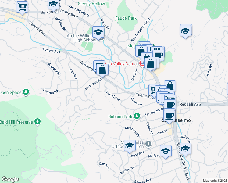 map of restaurants, bars, coffee shops, grocery stores, and more near 1045 San Anselmo Avenue in San Anselmo