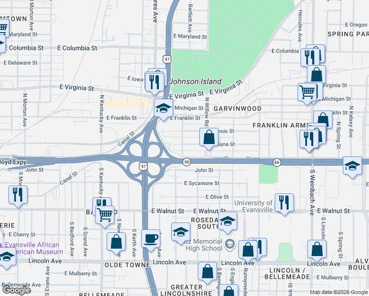 map of restaurants, bars, coffee shops, grocery stores, and more near 1316 East Indiana Street in Evansville
