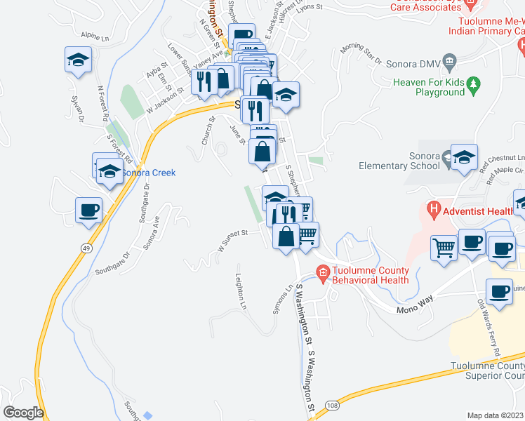 map of restaurants, bars, coffee shops, grocery stores, and more near 534 Mcgowan Street in Sonora