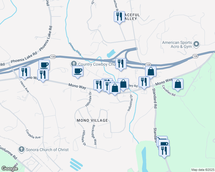 map of restaurants, bars, coffee shops, grocery stores, and more near 14622 Peaceful Valley Road in Sonora