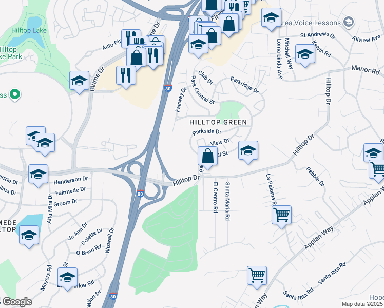 map of restaurants, bars, coffee shops, grocery stores, and more near 861 Parkside Drive in Richmond