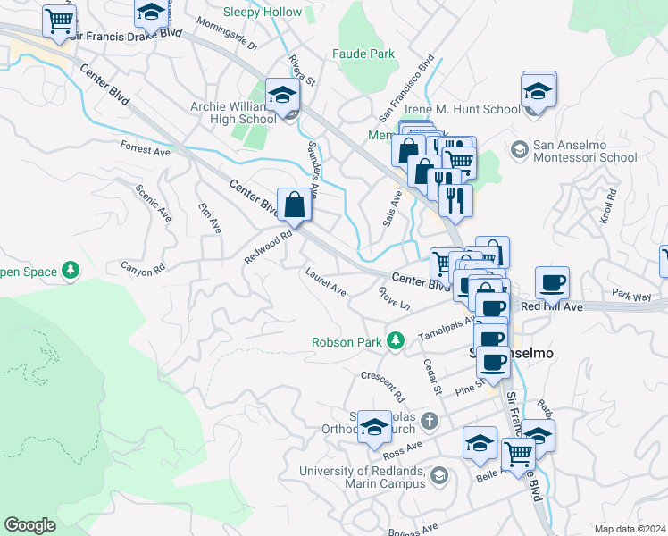 map of restaurants, bars, coffee shops, grocery stores, and more near 1009 San Anselmo Avenue in San Anselmo