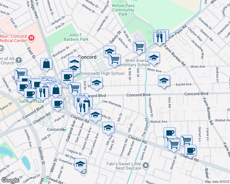 map of restaurants, bars, coffee shops, grocery stores, and more near 2947 Concord Boulevard in Concord