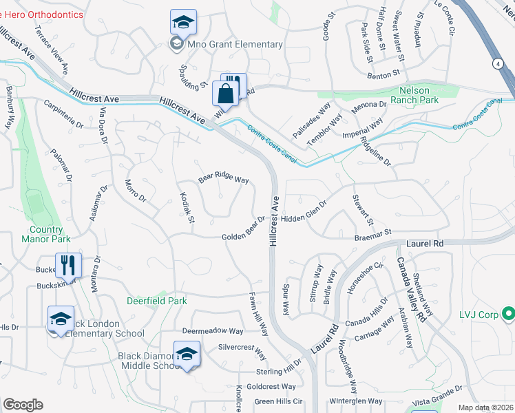 map of restaurants, bars, coffee shops, grocery stores, and more near 3345 Bear Ridge Way in Antioch