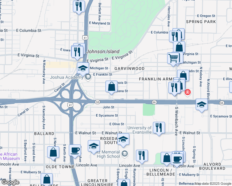 map of restaurants, bars, coffee shops, grocery stores, and more near 1415 East Indiana Street in Evansville