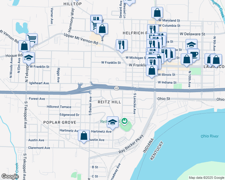 map of restaurants, bars, coffee shops, grocery stores, and more near Pennsylvania Street in Evansville