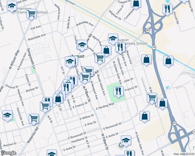 map of restaurants, bars, coffee shops, grocery stores, and more near 1727 Rhode Island Avenue in Stockton