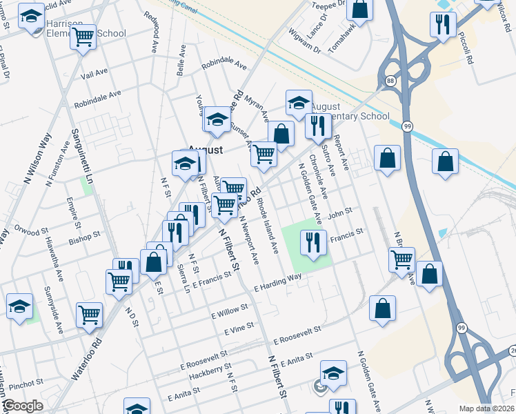map of restaurants, bars, coffee shops, grocery stores, and more near 1727 Rhode Island Avenue in Stockton