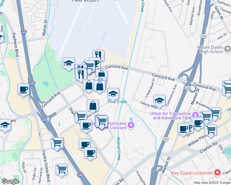 map of restaurants, bars, coffee shops, grocery stores, and more near 2150 John Glenn Drive in Concord