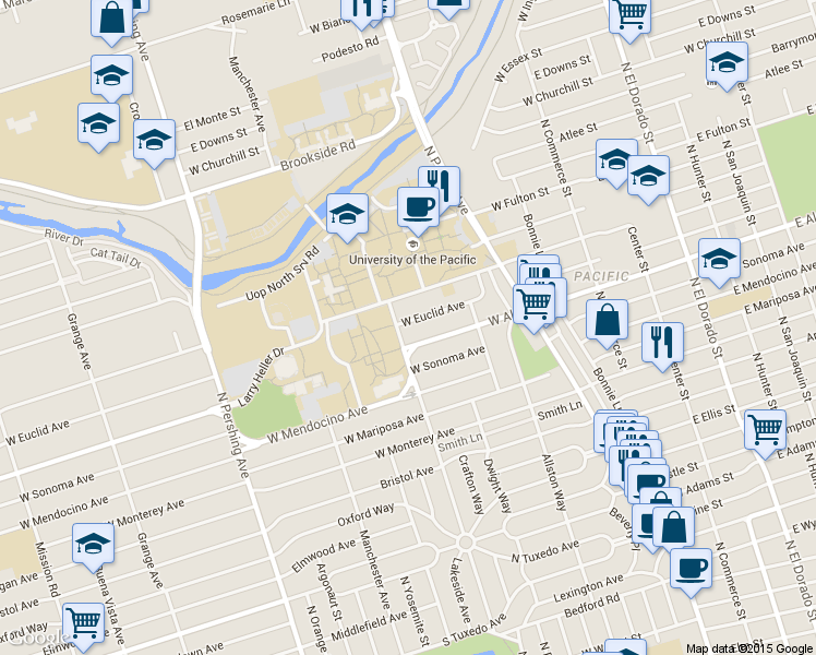 map of restaurants, bars, coffee shops, grocery stores, and more near 3441 North Kensington Way in Stockton