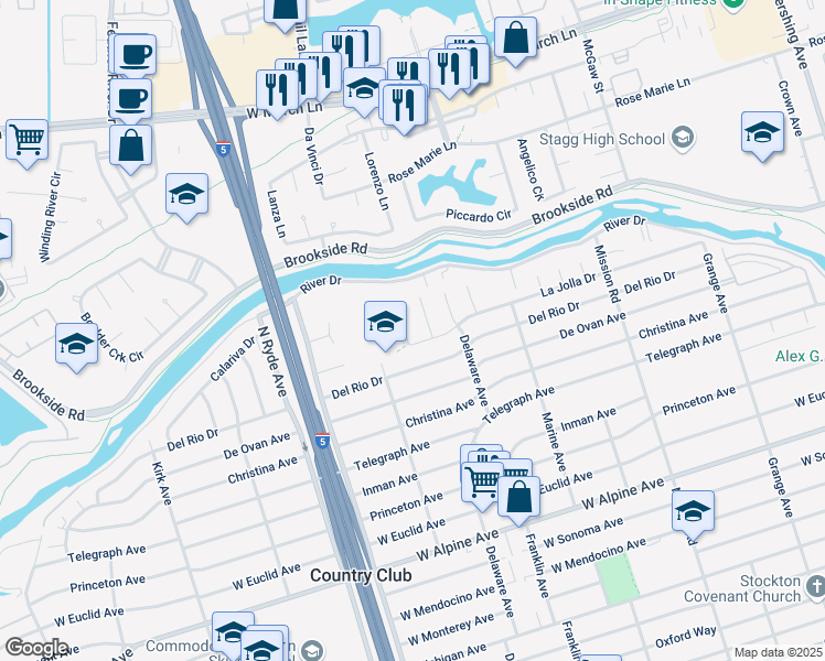 map of restaurants, bars, coffee shops, grocery stores, and more near 3935 La Jolla Drive in Stockton