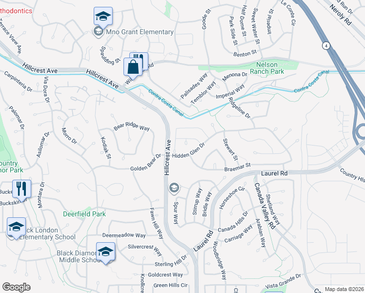 map of restaurants, bars, coffee shops, grocery stores, and more near 4565 Bonraven Way in Antioch