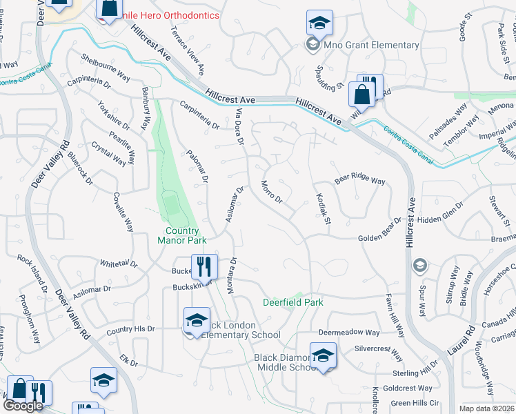 map of restaurants, bars, coffee shops, grocery stores, and more near 2845 Morro Drive in Antioch