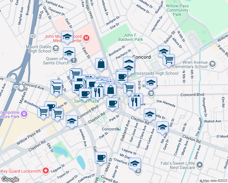 map of restaurants, bars, coffee shops, grocery stores, and more near 2593 Willow Pass Road in Concord