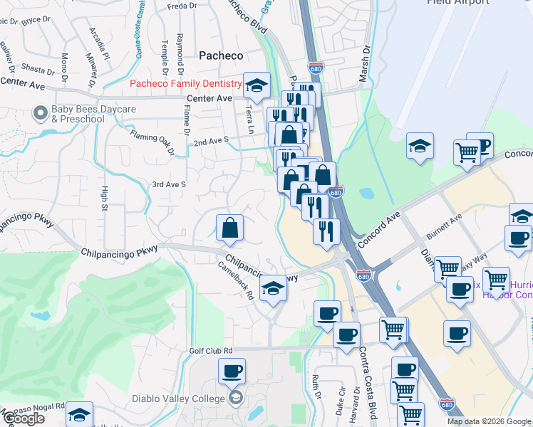 map of restaurants, bars, coffee shops, grocery stores, and more near 400 Suntree Lane in Pleasant Hill