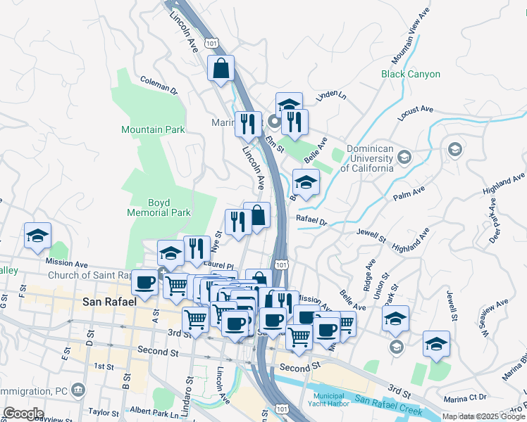 map of restaurants, bars, coffee shops, grocery stores, and more near 1418 Lincoln Avenue in San Rafael