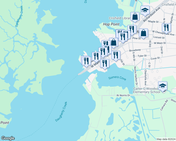 map of restaurants, bars, coffee shops, grocery stores, and more near 1005 West Main Street in Crisfield
