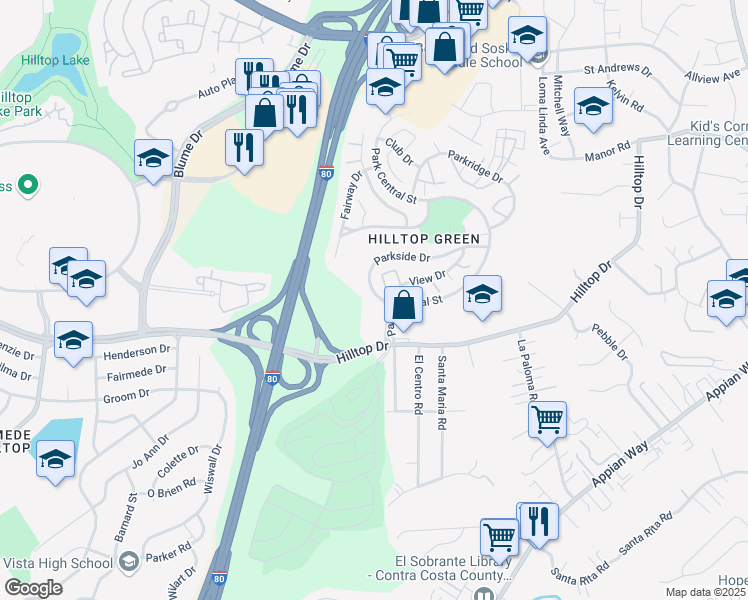 map of restaurants, bars, coffee shops, grocery stores, and more near 861 Parkside Drive in Richmond