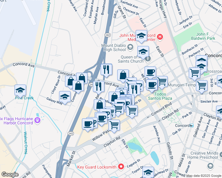map of restaurants, bars, coffee shops, grocery stores, and more near 1500 Concord Avenue in Concord