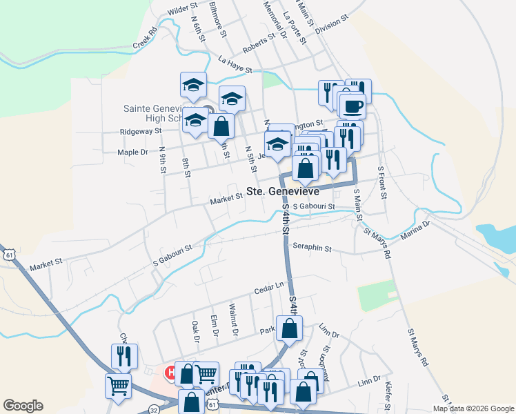 map of restaurants, bars, coffee shops, grocery stores, and more near 590 Market Street in Ste. Genevieve