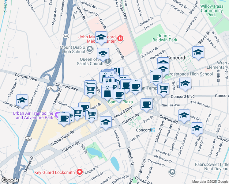 map of restaurants, bars, coffee shops, grocery stores, and more near 2151 Salvio Street in Concord