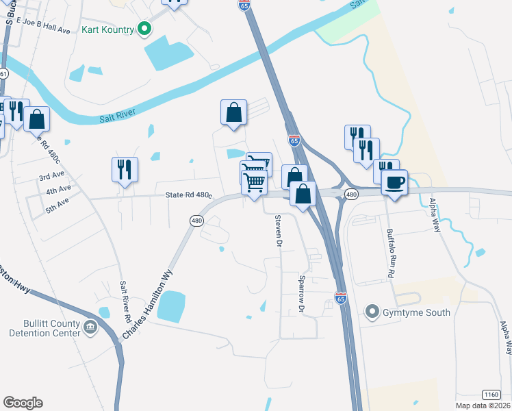 map of restaurants, bars, coffee shops, grocery stores, and more near 667 Cedar Grove Road in Shepherdsville