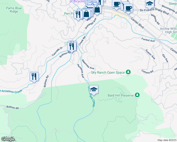 map of restaurants, bars, coffee shops, grocery stores, and more near 164 Meernaa Avenue in Fairfax